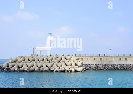 Pferd geformt Leuchtturm auf einem Wellenbrecher mit tetrapod nahe dem Iho Teu-Strand in Insel Jeju, Korea. Stockfoto