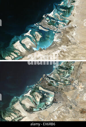 Satelliten-Ansicht von Abu Dhabi, Vereinigte Arabische Emirate 1985 und 2014. Vor und nach dem Bild zeigt Stadterweiterung über die Stockfoto
