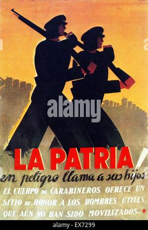 Spanischen Bürgerkrieg Propagandaplakat: "La Patria de Peligro Lama ein Su Hijo" (die Heimat in Gefahr ruft ihren Sohn). Zeigt eine Sillhouette der republikanischen Grenzwächterinnen und Grenzwächter 1936 Stockfoto