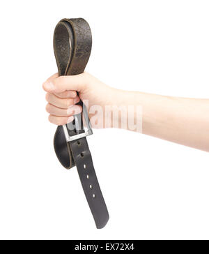 Hand halten schwarzen Ledergürtel Stockfoto