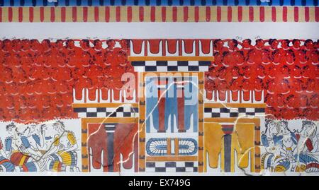 Kopie des minoischen Wandmalereien. Die ursprünglichen, vermutlich aus in der Nähe der nordwestlichen Ecke des Central Court bei Knossos, Griechenland. Knossos ist die größte archäologische Stätte der Bronzezeit auf Kreta und gilt als die älteste Stadt Europas. Der Palast war abando Stockfoto