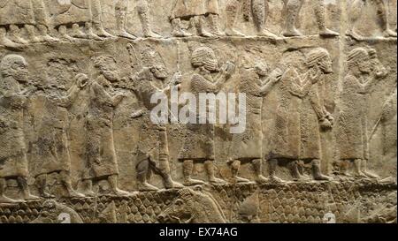 Überprüfung der Gefangenen Assyrer, über 700-692 v. Chr. von Ninive, Süd-West-Palast, Zimmer XXXII, Platten 7-8. Die Gefangenen, die wahrscheinlich während eines Sanheribs Kampagnen im Iran oder in der östlichen Türkei aufgenommen wurden, werden in die Gegenwart des Ki gebracht. Stockfoto