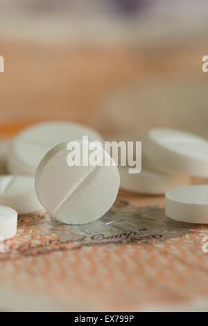 Mischung Tabletten Aspirin Ibuprofen Schmerzmittel über den Ladentisch ohne ein Rezept blaue Amitriptylin trizyklischen Antidepressiva Stockfoto