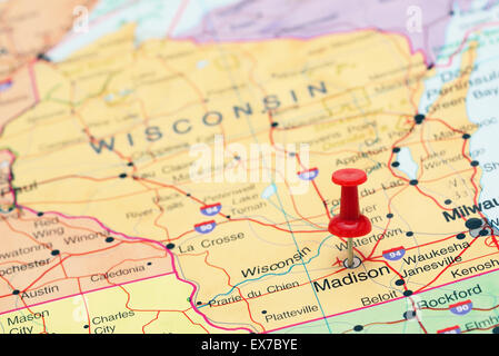 Madison fixiert auf einer Karte von USA Stockfoto