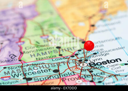 Boston, fixiert auf einer Karte von USA Stockfoto