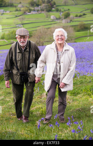 Ein altes Ehepaar, ein Spaziergang durch Glockenblumen über Austwick in den Yorkshire Dales, UK. Stockfoto