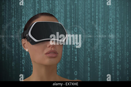 3D Abbildung einer Frau trägt eine virtueller Realität Head mounted Display (HMD). Stockfoto