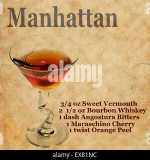Alte, Vintage oder Grunge Rezept Notebook mit Manhattan cocktail auf der Seite. Platz für text Stockfoto