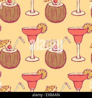 Skizzieren Sie mit Kokos im Vintage-Stil, nahtlose Vektormuster cocktail Stock Vektor