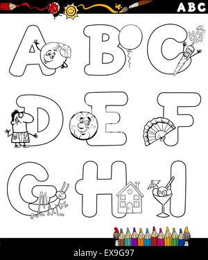 Schwarz / Weiß Cartoon Illustration der Großbuchstaben-Alphabet mit Objekten für die Bildung der Kinder von A bis I für Färbung Bo Stock Vektor