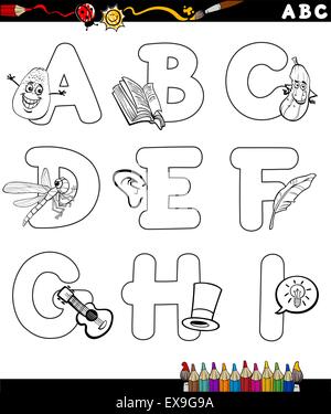 Schwarz / Weiß Cartoon Illustration der Großbuchstaben-Alphabet mit Objekten für die Bildung der Kinder von A bis I für Färbung Bo Stock Vektor