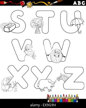 Schwarz / Weiß Cartoon Illustration der Großbuchstaben-Alphabet mit Objekten für die Bildung der Kinder von S bis Z für Färbung Bo Stock Vektor