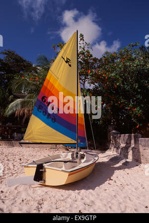 Kleines Segelboot am Strand in Carlisle Bay, Barbados Stockfoto