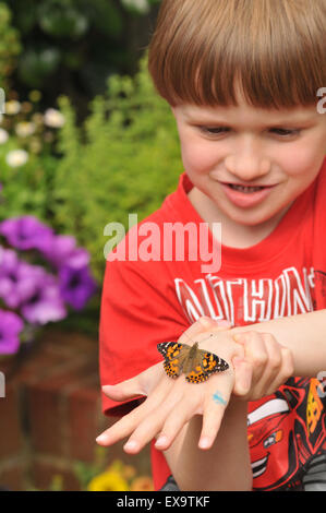 Ein Junge mit einem Distelfalter Schmetterling Stockfoto