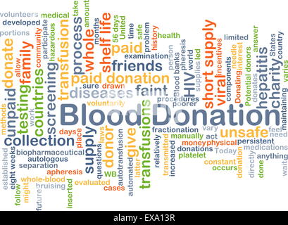 Hintergrund-Konzept Wordcloud Illustration der Blutspende Stockfoto