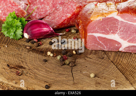 Vielzahl von Wurstwaren. Hintergrund. Stockfoto