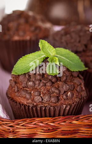 Hausgemachte Schokoladen-Muffins in Cupcake Papierhalter auf einem hölzernen Hintergrund Stockfoto