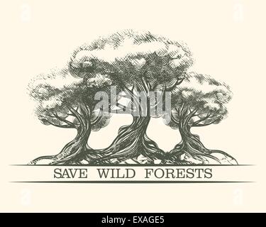 Die Bäume und Schriftzug rettet wilde Wald. Umwelt- oder World Tree Tag Thema. Gravur-Stil. Nur kostenlose Schriftart verwendet. Stock Vektor
