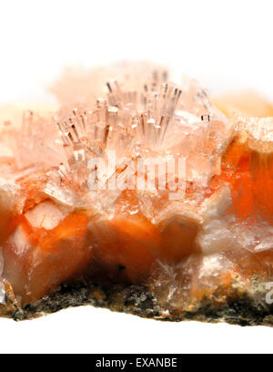Klar Natrolith Kristalle auf Orange Gmelinite (von Little Deer Park Steinbruch, Glenarm, Nordirland) Stockfoto