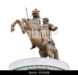 Denkmal von Alexander dem großen in Skopje isoliert auf weißem Hintergrund Stockfoto