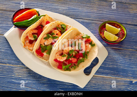 Camaron Garnelen Tacos mexikanisches Essen auf blauen Holztisch Stockfoto