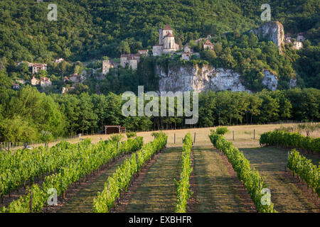 Abend-Blick über Weinberge der mittelalterlichen Stadt von Saint-Cirq-Lapopie, Midi-Pyrenäen, Frankreich Stockfoto