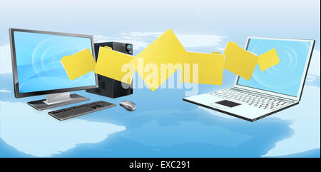 Computer-Datei-Transfer Sync Telefonkonzept Dateien oder Ordner verschieben zwischen einem Desktop-Computer und laptop Stockfoto