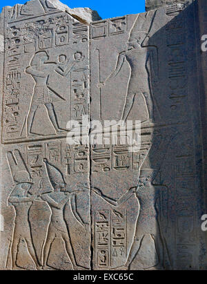 Karnak, Luxor, Ägypten. Tempel von Karnak Heiligen Gott Amon: Skulpturen in einer Wand, die Vertretung der Pharao Tuthmosis III mit Var Stockfoto