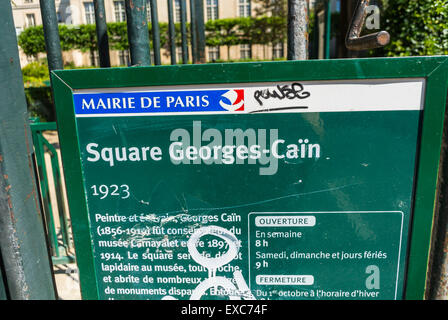 Paris, Frankreich, Detail Zeichen, öffentlichen Park im Marais-Viertel. "Quadrat Georges-Kain" szenische Ansicht Stockfoto