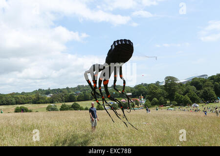 Das ist das Brighton Kite Festival 2015, Stanmer Park, Brighton, East Sussex, Großbritannien. Dieses jährliche Festival zieht am Wochenende 8000 Besucher an, mit Ausstellungen, Wettbewerben und Workshops. 11.. Juli 2015 Stockfoto