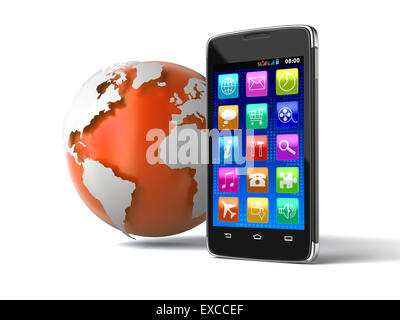 Touchscreen-Smartphone und Globe (Clipping-Pfad enthalten) Stockfoto