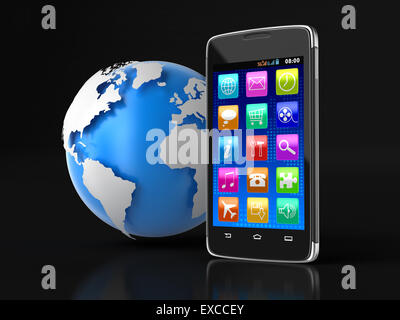 Touchscreen-Smartphone und Globe (Clipping-Pfad enthalten) Stockfoto