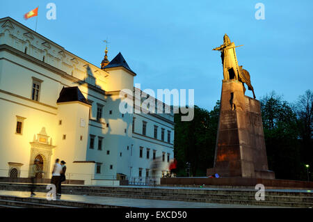 Die Kathedrale von Vilnius und Großfürst Gediminas-Denkmal in der Nacht. Stockfoto