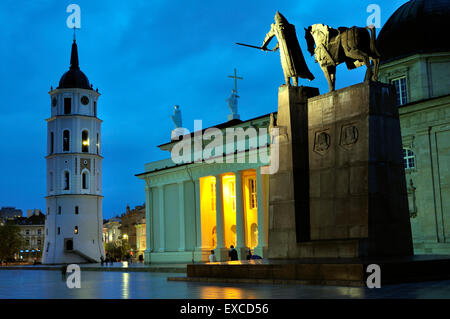 Die Kathedrale von Vilnius und Großfürst Gediminas-Denkmal in der Nacht. Stockfoto