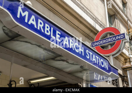 Marble Arch Station Zeichen, Oxford Street, London, UK Stockfoto