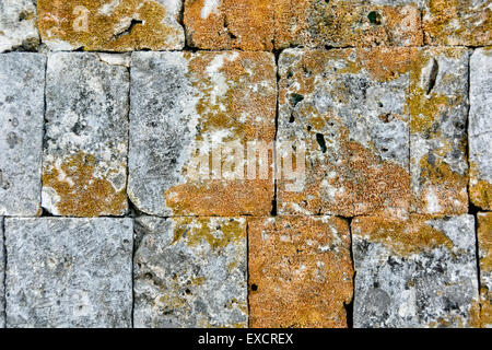 Nahaufnahme der raue, strukturierte moosigen Steinmauer Stockfoto