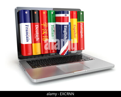 E-Learning. Lernen Sprachen online. Wörterbücher und Laptop. 3D Stockfoto