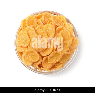 Draufsicht der Cornflakes in Glasschale isoliert auf weiss Stockfoto