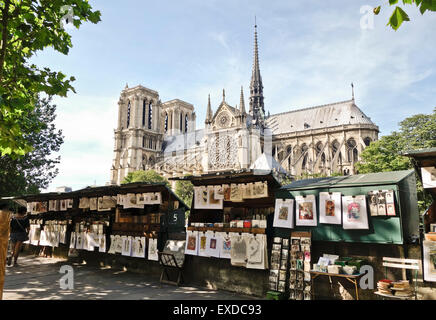 Die südliche Fassade der Kathedrale Notre-Dame und Riverside Bouquiniste Buch Stände, Ile De La Cite, Paris. Frankreich. Stockfoto