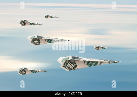 Papier fliegen Flugzeuge mit Dollar-Banknoten auf blau bewölktem Himmelshintergrund. Stockfoto