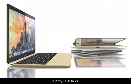 Neue Silber-MacBook mit OS X Yosemite. Es hat ein 12-Zoll-Retina-Display mit einer Auflösung von 2304 x 1440. Stockfoto