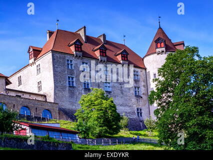 Hautnah am berühmten Schloss Gruyères, Freiburg, Schweiz Stockfoto