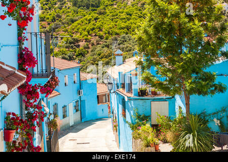 Pueblo Júzcar in Schlumpf blau, Serrania de Ronda, Malaga Provinz, Andalusien, Spanien, Europa. Stockfoto