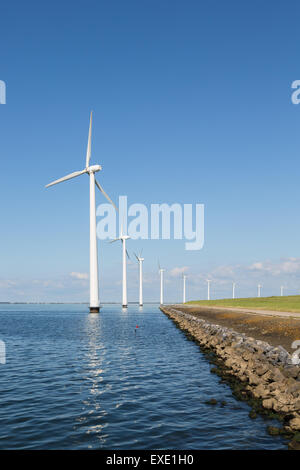 Lange Reihe off Shore Windkraftanlagen an der niederländischen Küste Stockfoto