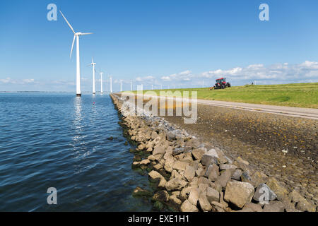 Lange Reihe off Shore Windkraftanlagen an der niederländischen Küste mit einem Traktor Mähen des Deiches Stockfoto