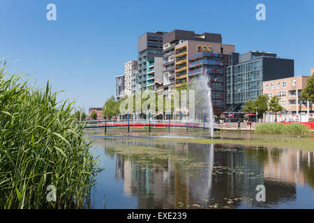 Blick auf moderne Apartments und Bürogebäude mit Teich und Brunnen davor, Lelystad, Niederlande Stockfoto