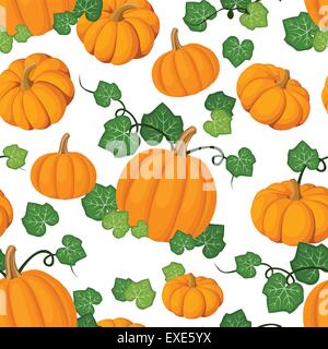 Nahtlose Muster mit orange Kürbisse und grünen Blättern. Vektor-Illustration. Stock Vektor