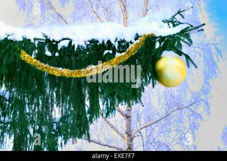 verschneite Tanne für Weihnachten dekoriert Stockfoto