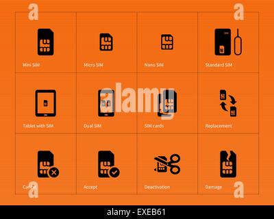 SIM-Karten Netzwerksymbole auf orangem Hintergrund. Stock Vektor