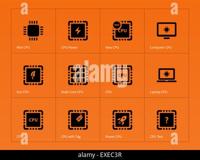 Mikrochip und Mikroprozessor Symbole auf orangem Hintergrund. Stock Vektor